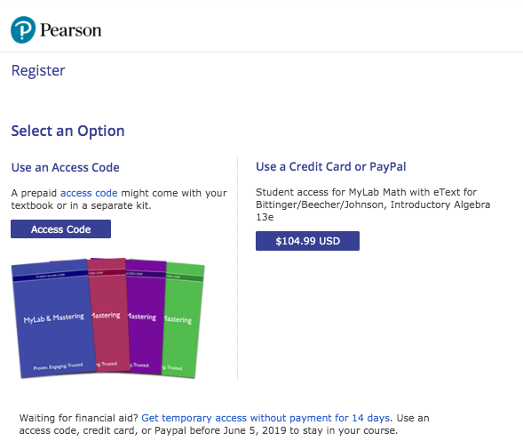 Screenshot showing the Pearson registration page. The page prompts you to use an access code or provides an opportunity to purchase access, if needed.